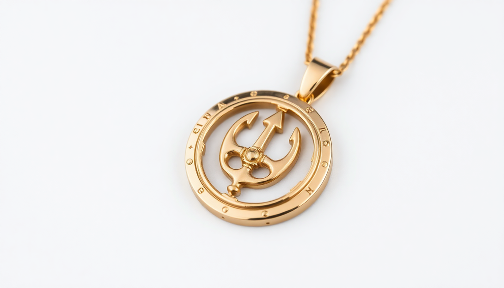 Elegant gold custom trident necklace with warranty featuring a detailed circular pendant on a gold chain