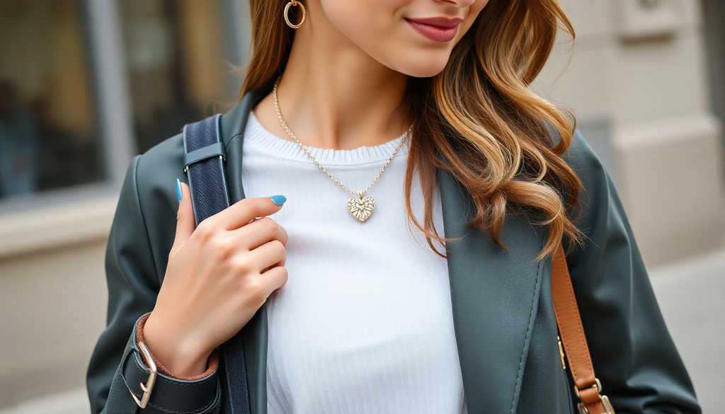 Woman wearing personalized accessories including a heart necklace and hoop earrings showing how to style personalized accessories