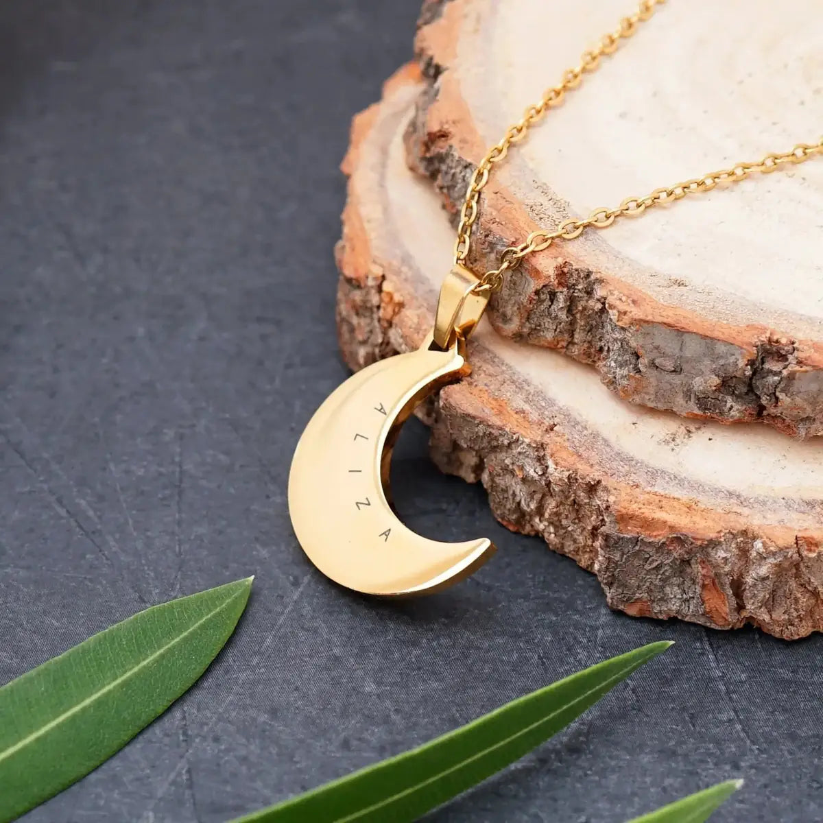 Personalised Moon Pendant Necklace – Gold Plated by GOSARTE – product view 4