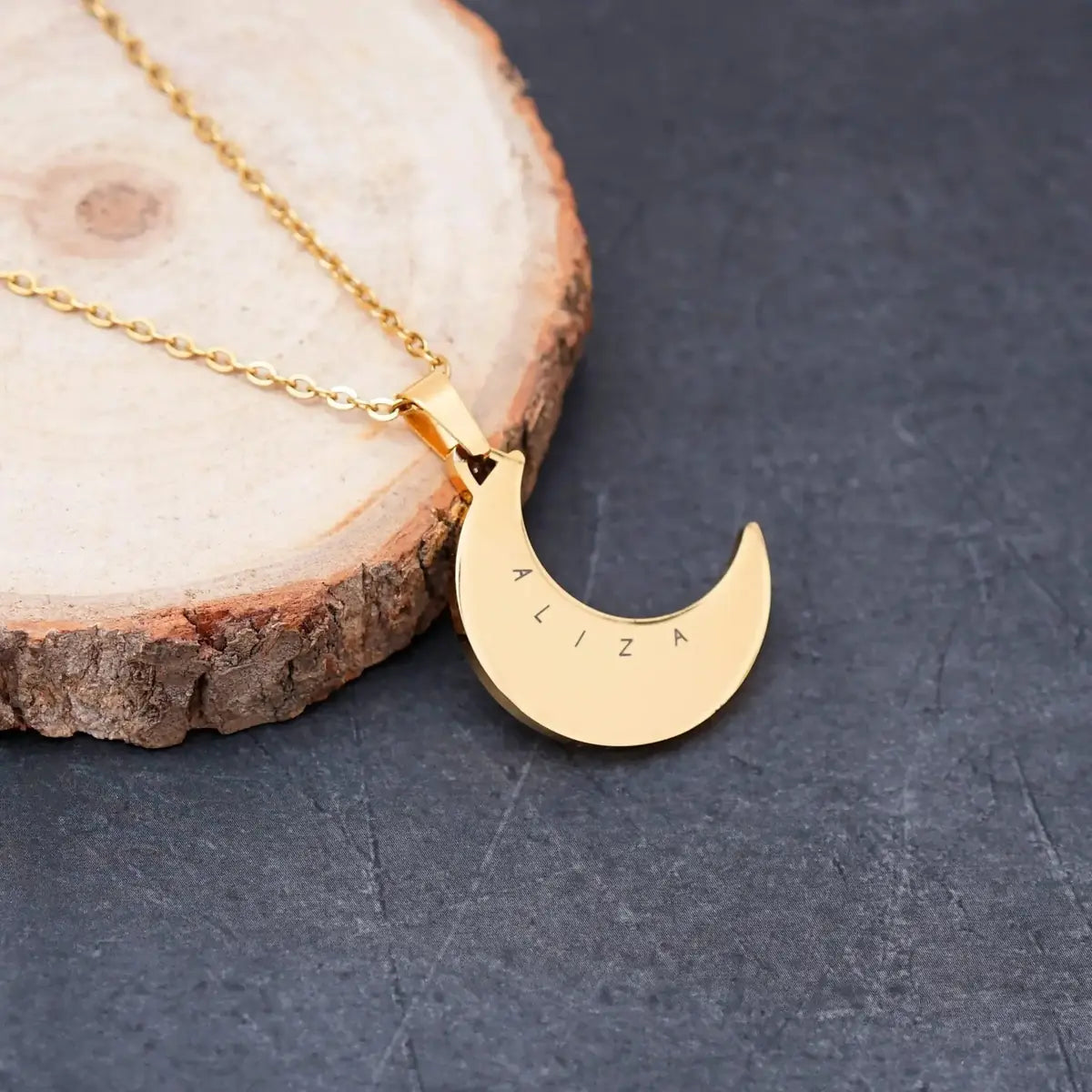Personalised Moon Pendant Necklace – Gold Plated by GOSARTE – product view 5